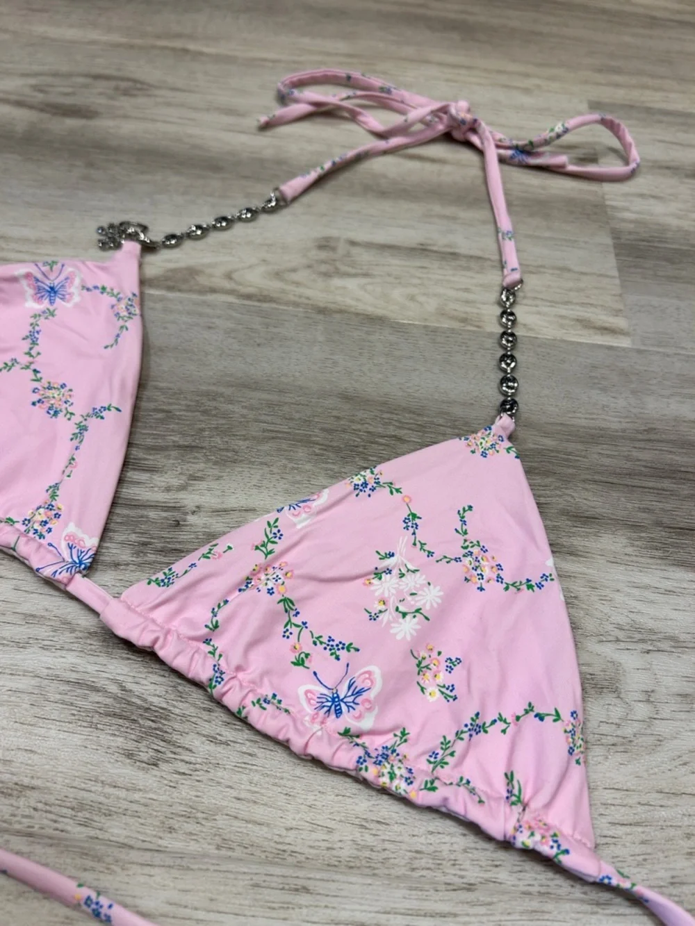 Frankie's Bikinis Fairytale Butterfly Floral‎ Vine Charm Chain Triangle Swim Top